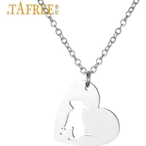 TAFREE women fashion Heart-shaped pendant bulldog statement necklace stainless steel pet dog lover animal charms jewelry SKU01