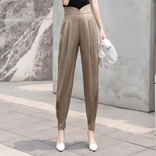 Women 2021 Spring Summer New Fashion Satin Harem Pants Female Casual Loose High Waist Trousers Ladies Elegant Office Pants B75