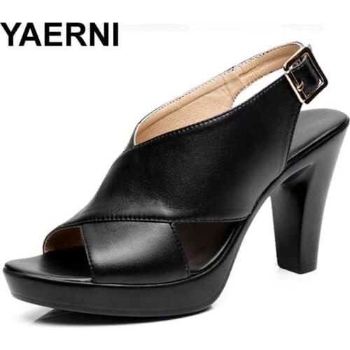 YAERNI Open Toe Genuine Leather Platform Sandals Woman Summer 2021 High Heels Sandals Women Sexy Office Shoes Plus Size 33-43