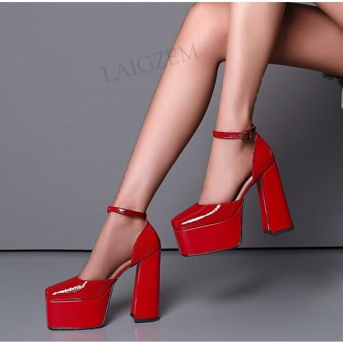 LAIGZEM FASHION Women Platform Pumps Leather Chunky Block Heels Ankle Straps Handmade Height Increase Shoes Woman Size 36 37 39