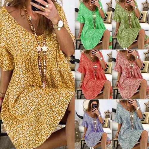 Womens dress loose trumpet sleeve print dress pregnant womens dress casual V-neck Knee Skirt