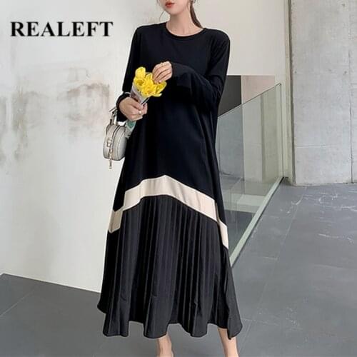 REALEFT 2021 New Casual Pleated Women Long Dresses Long Sleeve O-Neck High Waist Colorblock Striped Print Loose Dress Spring