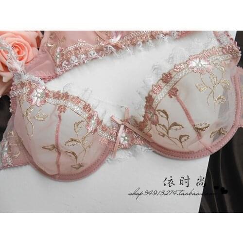 2021 Exquisite embroidery lotus pink ultra-thin womens sexy transparent lace underwear bra set lingerie set plus size