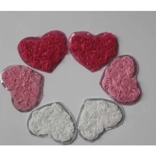 50pcs 3" Valentines chiffon rose flower heart sequin applique for diy crafting girls headband hair clip flowers accessories
