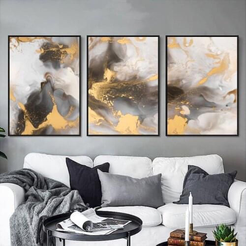 Modern Minimalist Flowing Color Fog Gold Foil Abstract Canvas Painting Nordic Living Room Home Decoration Black Poster Wall Art
