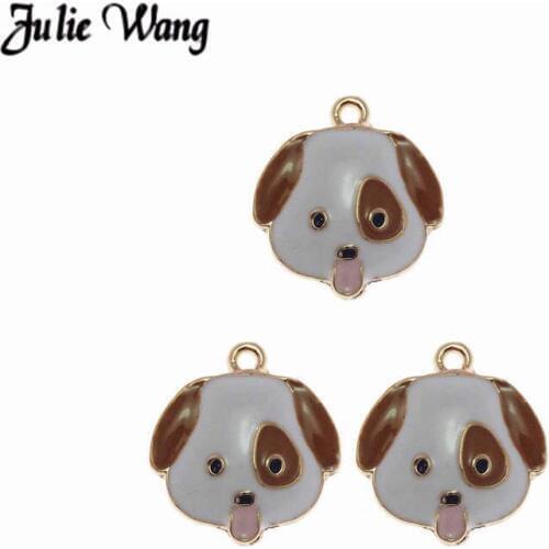 Julie Wang 5-15pcs Zinc Alloy Enamel Dog Head Charms Puppy Pet Bracelet Pendants Jewelry Craft DIY Keychain Women Bag Decor