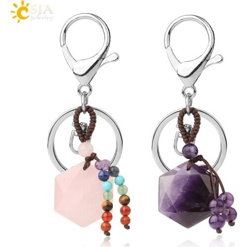 CSJA Hexagram Natural Stone Keychains Reiki Quartz Crystal Key Chain Handbag Decor Motorcycle Keyring for Women Men Jewelry G532
