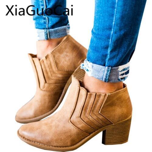 Brand American Style Women Martin Boots Pu Leather Female Chelsea Boots High Heels Retro Slip on Boots