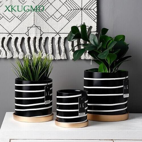 Black And White Striped Ceramic Flower Pot With Tray Round Potted Desktop Flower Arrangement Container Home Decorations