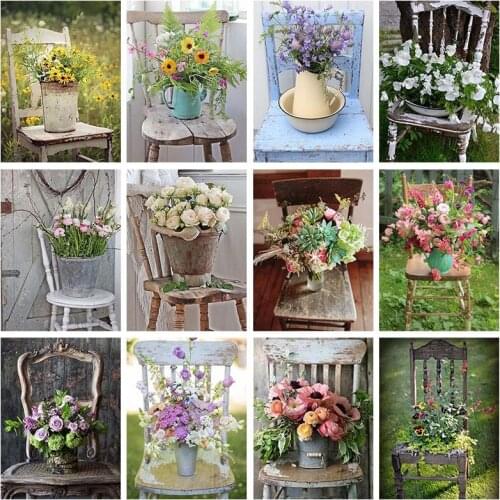 Flower on Chair 5D DIY Diamond Painting Cross Stitch Mosaic Full Square Round Drill Embroidery Needlework Home Decor Art