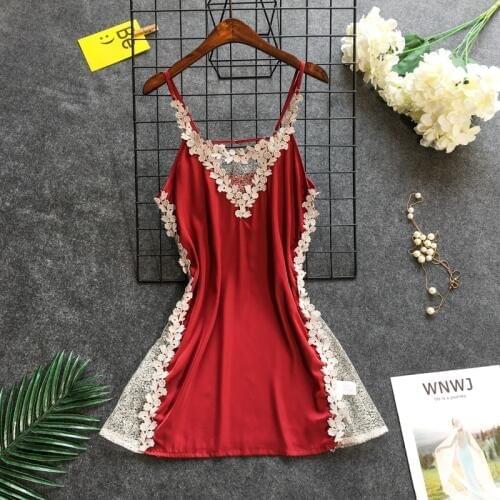 Daeyard Womens Nightgown Sexy Lingerie Lace Trimmed Silk Nightdress Deep V-Neck Appliques Sleepshirt Summer Backless Dress