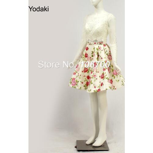 Two Pieces Lace Printed Homecoming Dresses Long Sleeves Boat Neck Party Dresses Pleat Ruched Many Colors Short Prom Gowns JB980