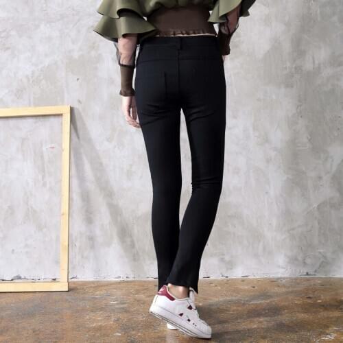 High Street New Zipper Split Denim Pencil Pants Buttons Stretchy Skinny Jeans Woman Black Casual Long Trousers Female Bootcuts