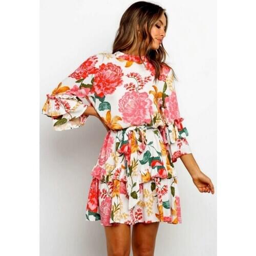 Elegant Women Casual Flower Print Ruffled Wrap Long Flare Sleeve Belted Boho A-line Beach wear Dresses