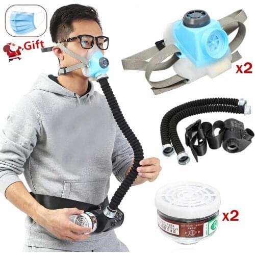 2 Pcs Electric Constant Flow Air Supplied Fed Respirator Half Face Gas Mask Pump 2 Pipe Respirator Respirator-System-Device Gas