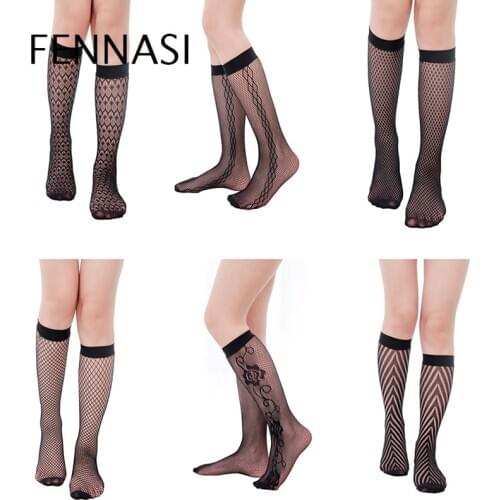 FENNASI Erotic Women Blakc Fishnet Stockings Nylon Lace Hollow Out High Elasticity Fashion Fishnet Stockings Half Grid Femme Sex
