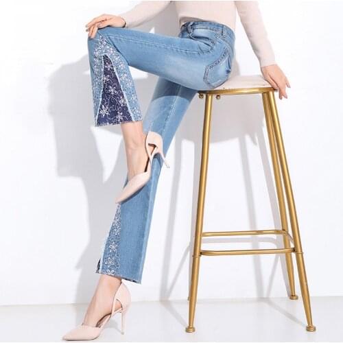FERZIGE 2021 New Embroidery Flare Pants Women Skinny High Waist Fashions Jeans Casual Luxury Slim Fit Pants Plus Size Blue