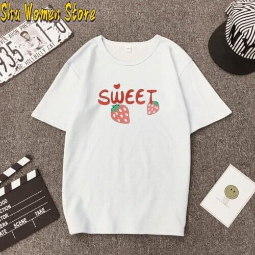 Womens T-shirt cute strawberry apple funny printed T-shirt fashion casual white T-shirt Harajuku graphic T-shirt short sleeve
