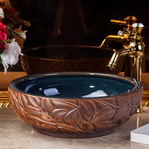 China Artistic Handmade porcelain Round bathroom counter top ceramic sink bathroom art basin bathroom sinks