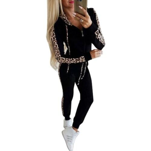 Kayotuas Women 2Pcs Suit Leopard Print Front Zip Up Long Sleeve Hooded Collar Coat+Pants Outfit Sets Casual Hot Tracksuit
