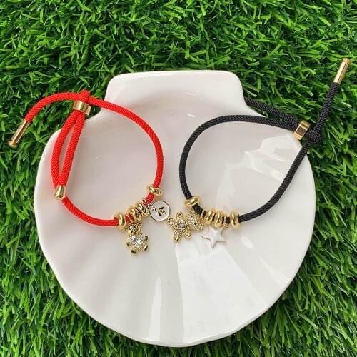 Handmade Red black rope Adjustable String Bracelet CZ Micro Pave Mini Bear Enamel Moon/Heart Electroplating Pendant