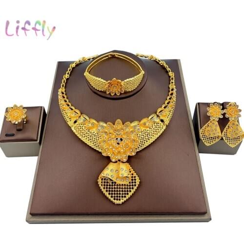 Liffly Nigeria Wedding Charm Bridal Jewelry Sets Flower Necklace Bracelet Earrings Ring Jewelry Party Fashion Jewelry