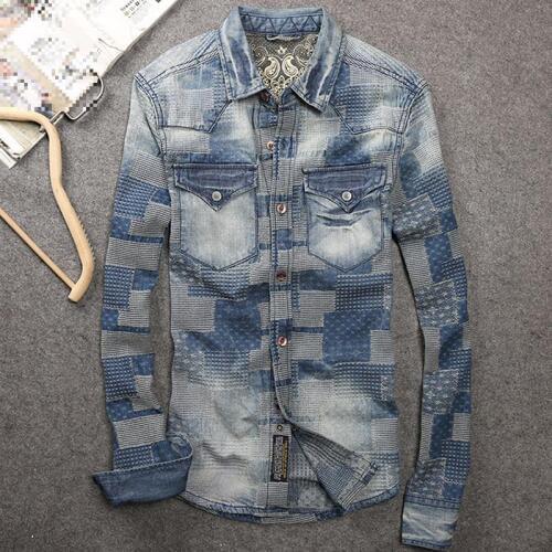 Fall Spring Fashion Mens Patchwork Ripped Full Sleeve Denim Shirt , Casual Beggar Slim Jeans Shirts For Men , Male Cool Blouse