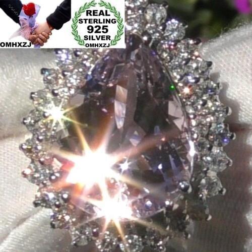 OMHXZJ Wholesale European Fashion Woman Girl Party Wedding Gift White Pink Water Drop AAA Zircon 925 Sterling Silver Ring RR25