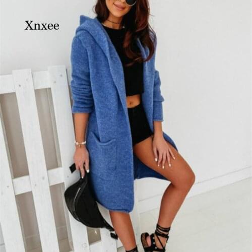Autumn and Winter Long Womens Knitted Sweater Hooded Solid Color Loose Cardigan Pocket New Casual Womens Simple Sweater