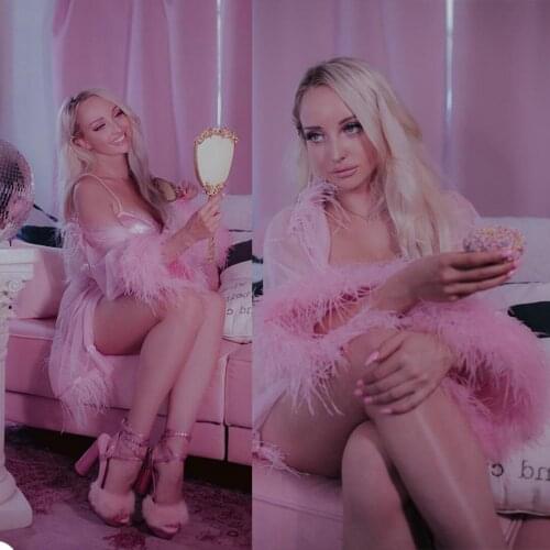 Pink Faux Fur Sleepwear Robe Illusion Maternity Kimono Pregnant Woman Prom Nightrobes Bathrobe Feather Nightgown Bridesmaid Shaw