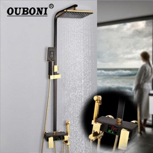 OUBONI Black LED Digital Shower Set Bathroom Wall Mounted Thermostatic Shower System Hot Cold Mixer Bath Faucet Square Spray