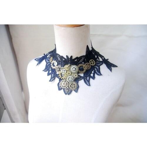 Gothic Punk Vintage Gear Clock Cogs Black Lace Choker Necklace for Women Sexy Wide Collar Party Jewelry
