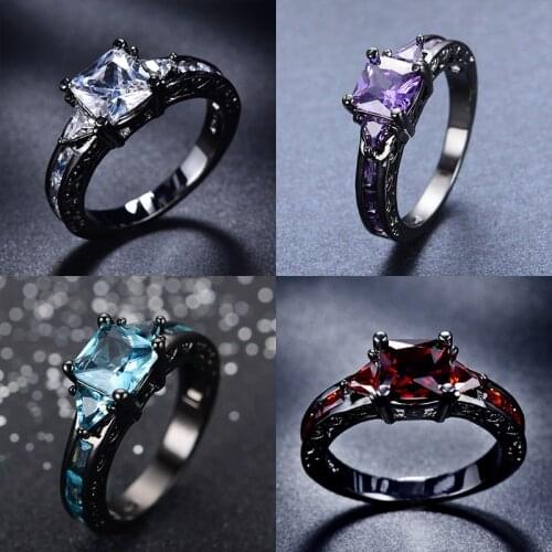 Punk Male Female 14KT Black Gold Thin Ring Hip Hop Square Crystal Wedding Ring Charm White Zircon Engagement Rings For Women Men