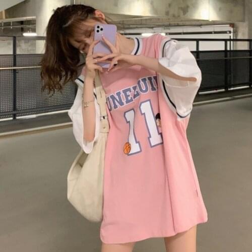 Fake Two-Piece Basketball Wear T-shirt Womens 2021 New Korean Style Loose MidLength Jersey Short Sleeve Half Sleeve Ins Fashion