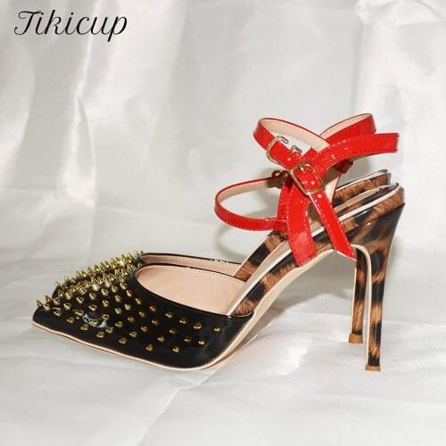 Tikicup Summer Women Leopard Patent Slingbacks Sandals Pointed Toe High Heel Stiletto Pumps with Spikes Ladies Wedding Shoes