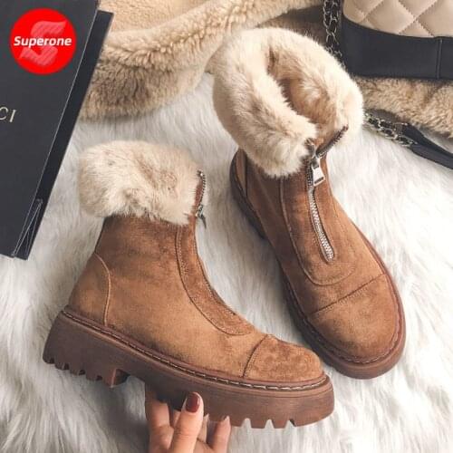 Superone Size 34-43 Women Snow Boots Real Leather Warm Fur High Heel Winter Shoes Woman Plush Fashion Platform Short Boot
