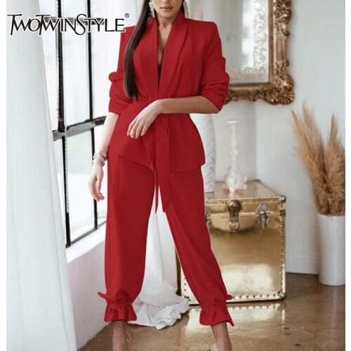 TWOTWINSTYLE Casual Two Piece Sets For Female Lapel Collar Long Sleeve Lace Up Coat With High Waist Pant Womens Set Fashion New