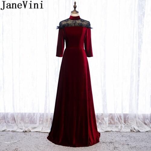 JaneVini Velvet Burgundy Gown Plus Size High Neck Beaded Long Evening Dresses for Women Elegant Dubai Long Sleeve Formal Dress