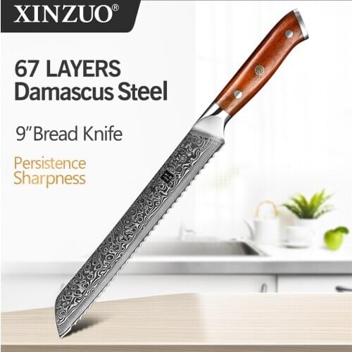 XINZUO 9'' inch Serrated Knife 67 layer Damascus Steel Cutter Cutting Bread Cheese Toast Sharp Table Knife with Rosewood Handle