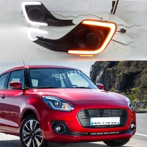 2Pcs Car LED For Suzuki Swift 2017 2018 2019 DRL Daytime Running Lights with Yellow Turning Signal fog lamp cover