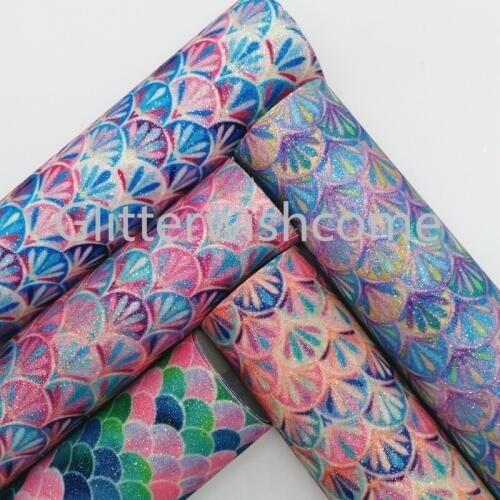 Glitterwishcome 21X29CM A4 Size Glitter Fabric, Printed Mermaid Glitter Leather Sheets Glitter Vinyl For for Bows, GM394A