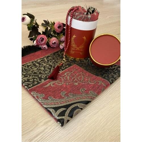 Burgundy Prayer Rug Set with Gift Box Luxurious Taffeta Prayer Rug