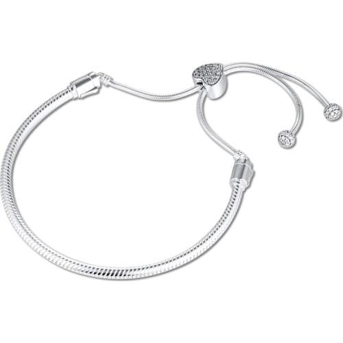 QANDOCCI Moments Bracelet femme 925 Sterling Silver Pave Heart Clasp Snake Chain Slider Charm Bracelets for Women DIY Jewelry