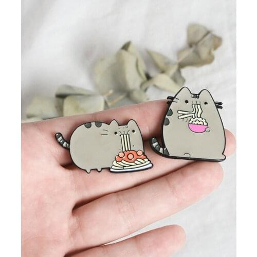 Cute Cat Enamel Lapel Pins Button Eatting Badges Funny Brooches Noodle Girl Boy Jewelry Accessories Gift for Bag Jeacket