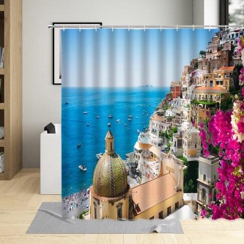 Greek Town Shower Curtain Set Plant Flowers Sea Landscape Pattern Bathroom Decoration Hanging Curtain Bathtub Screen Wall Cloth