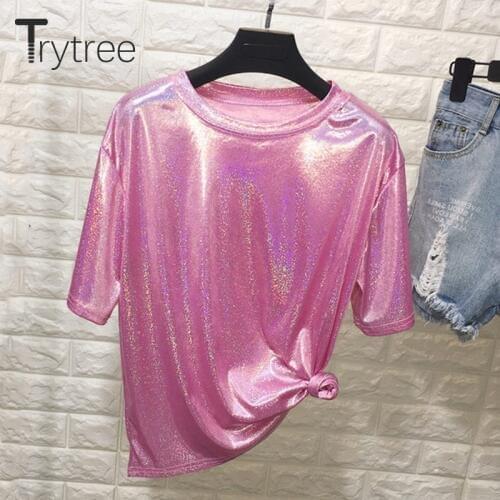 Trytree Summer Autumn Women Fashion t shirt Breathable Silky tshirt short sleeve Streetwear Shining Soild shirt fashion Top