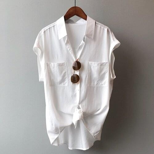 Cotton Linen Women White Shirts Summer New 2021 Pocket Loose Sleeveless Elegant Office Lady Outwear Blouse Tops