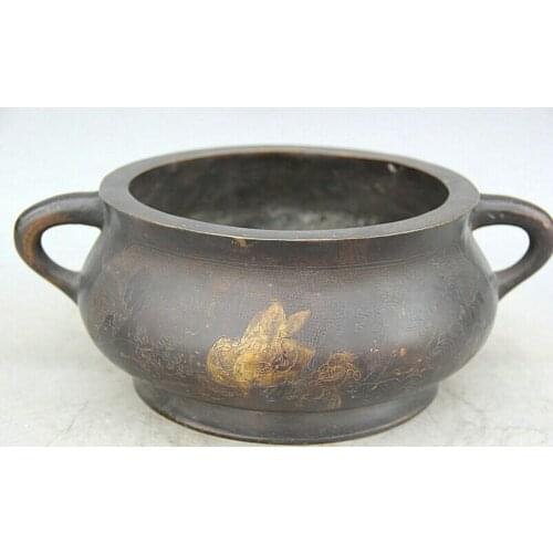 Collectible bronze S2084 12" Marked Chinese Bronze Gild circular Boy handle Incense Burner Censer Ding