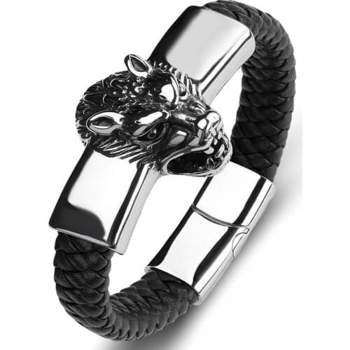 Fashion Braided Leather Men Bracelet Bangle Punk Jewelry Wolf Head Animal Stainless Steel Trendy Wristband Male Boy Gift P143