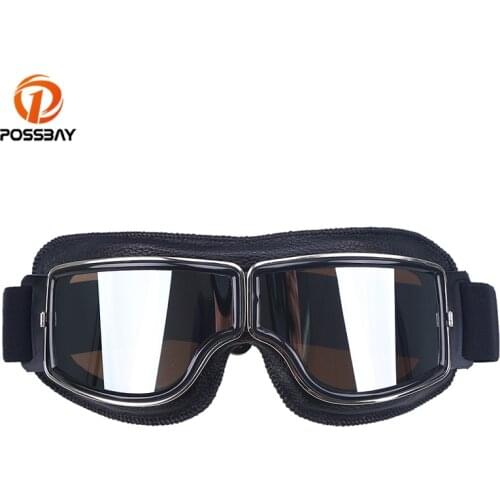 POSSBAY Retro Motorcycle Goggles Pilot Motocross Glasses Leather Helmet Ski Eyewear For Cafe Racer Motorbike Goggles